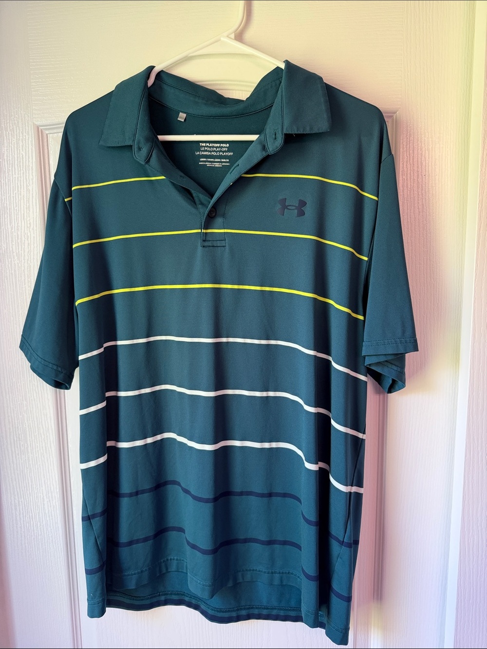 Under Armour Teal Polo with Yellow and White Stripes